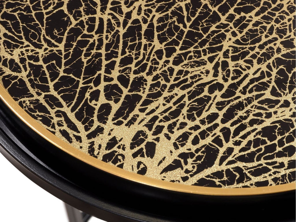 Black and Gold Coral Patterned Set of 2 Round Side Tray Tables - Home Furniture Interiors