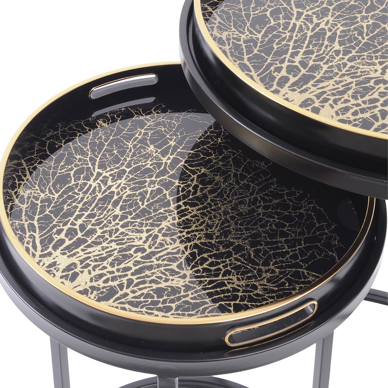 Black and Gold Coral Patterned Set of 2 Round Side Tray Tables - Home Furniture Interiors