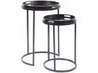 Black and Gold Swirl Mirrored Set of 2 Round Nesting Side Tables