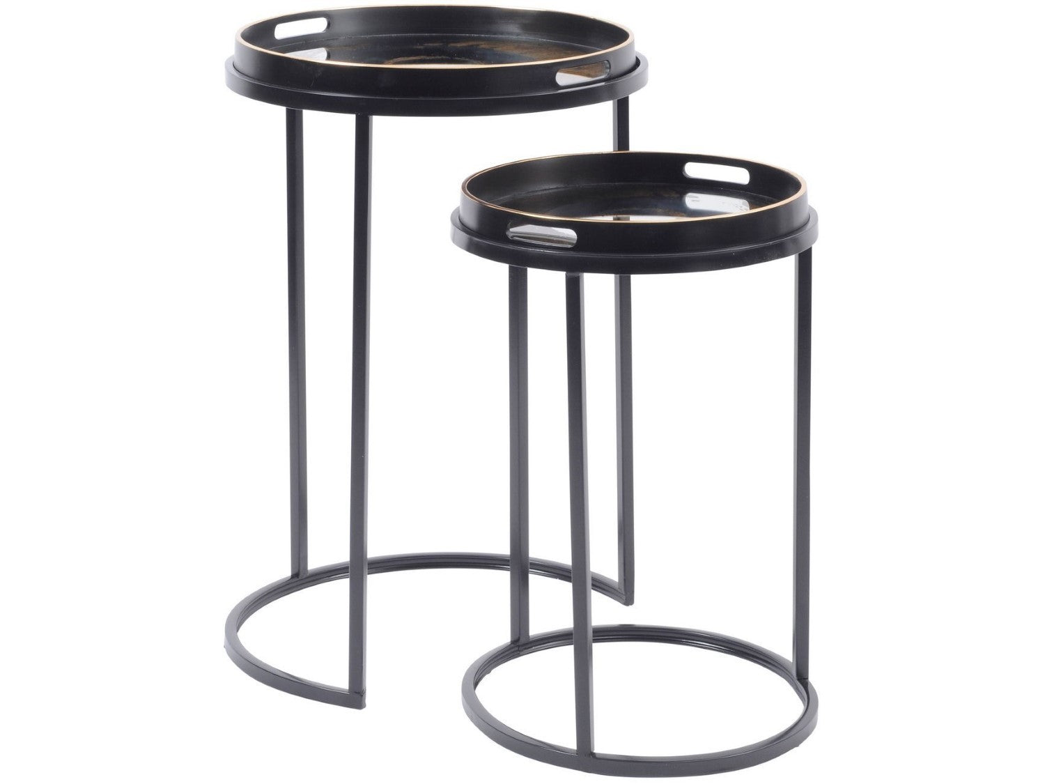 Black and Gold Swirl Mirrored Set of 2 Round Nesting Side Tables