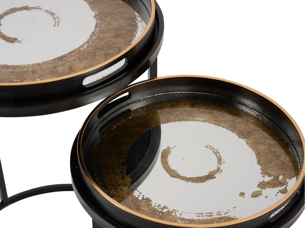 Black and Gold Swirl Mirrored Set of 2 Round Nesting Side Tables - Home Furniture Interiors