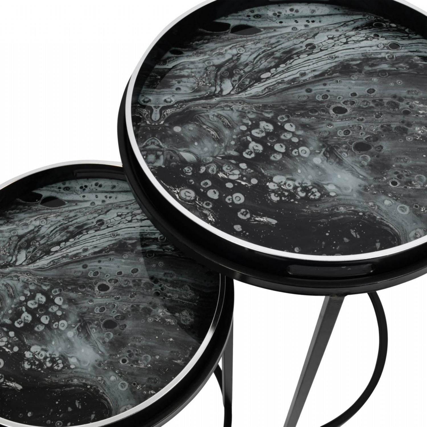Black Metal and Glass Swirl Nest of 2 Tray Top Tables - Home Furniture Interiors