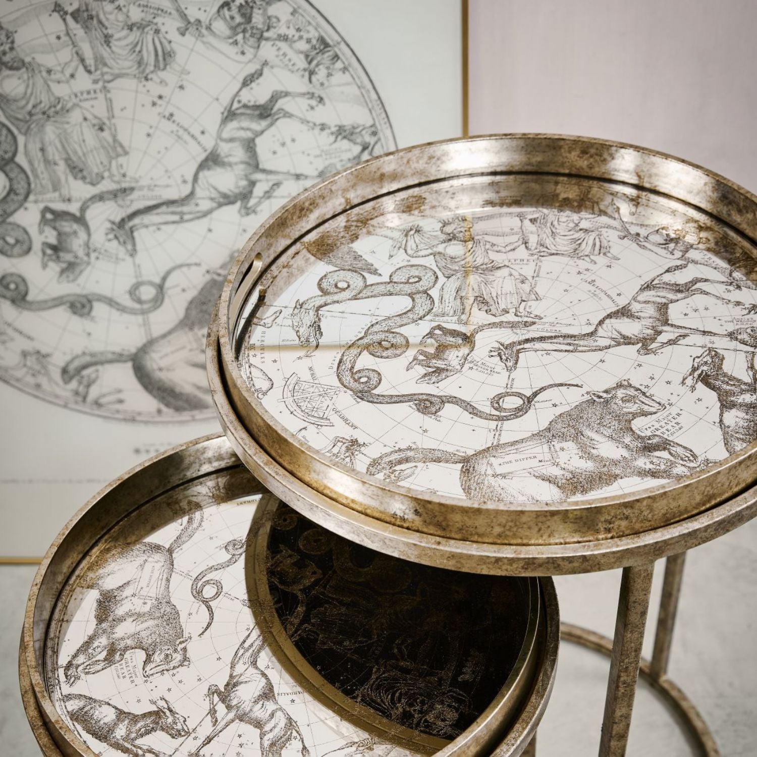 Gold Metal Constellation Map Nest of 2 Round Tray Top Tables - Home Furniture Interiors