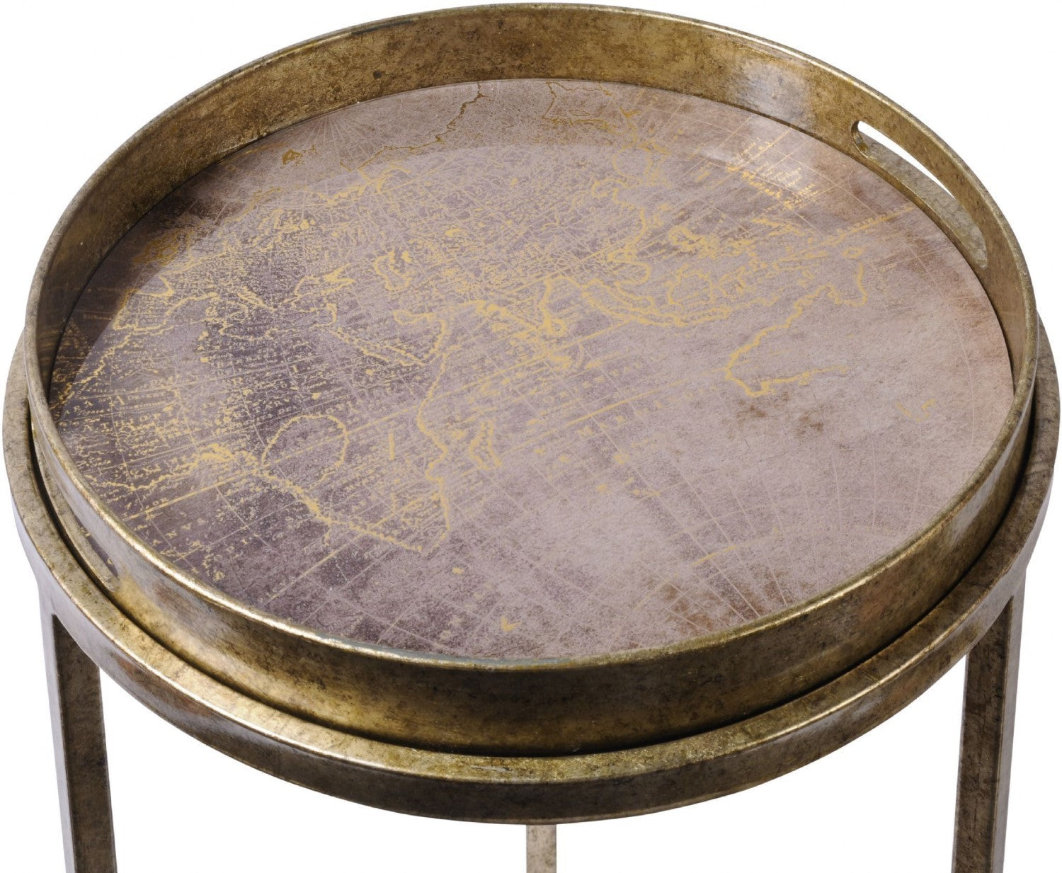 Gold Metal World Atlas Round Nest Set of 2 Side Tray Tables - Home Furniture Interiors