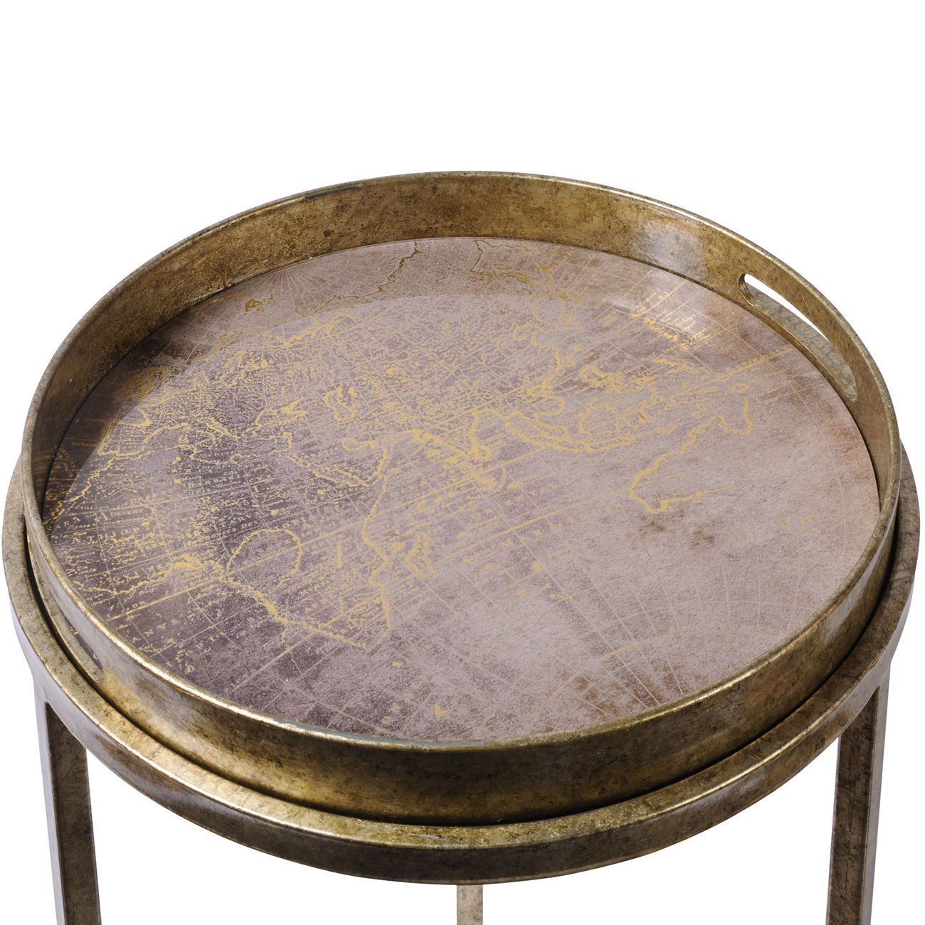 Gold Metal World Atlas Round Nest Set of 2 Side Tray Tables - Home Furniture Interiors