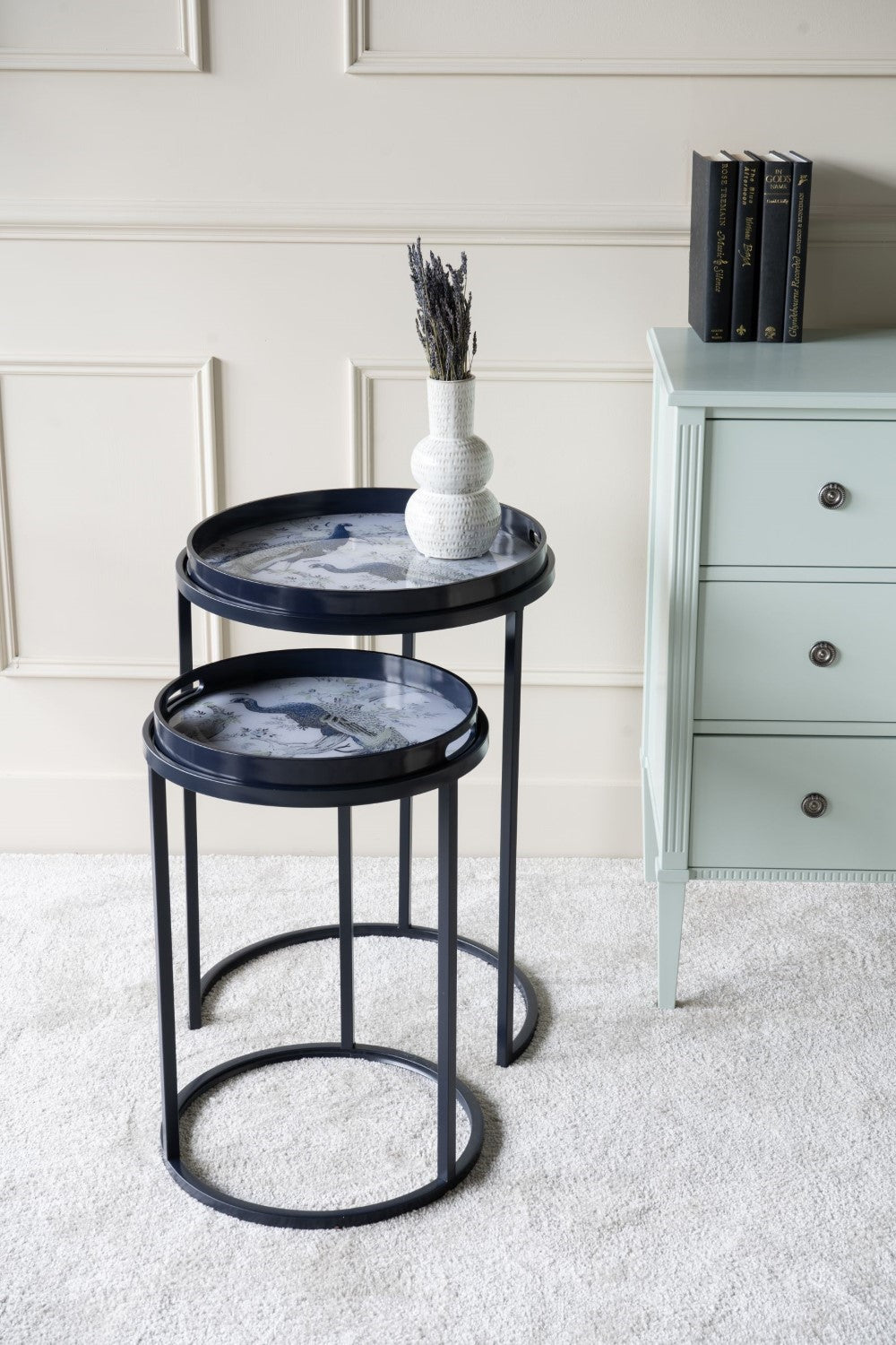 Set of 2 Peacock Print Blue Metal Round Nesting Side Tables