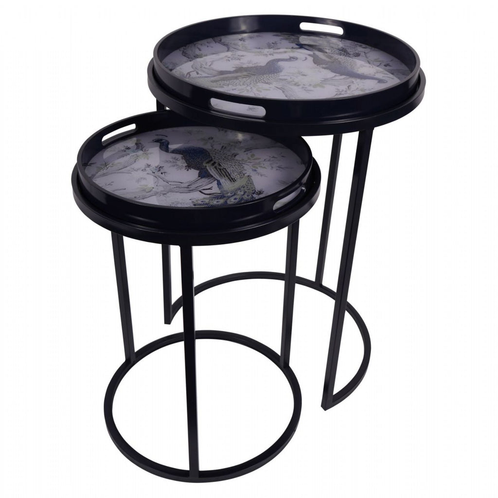 Set of 2 Peacock Print Blue Metal Round Nesting Side Tables - Home Furniture Interiors