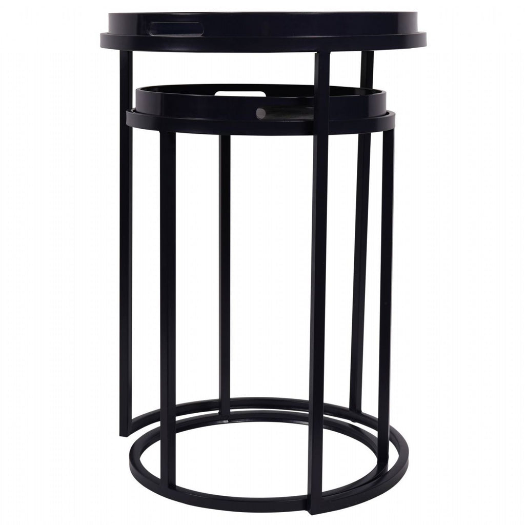 Set of 2 Peacock Print Blue Metal Round Nesting Side Tables - Home Furniture Interiors