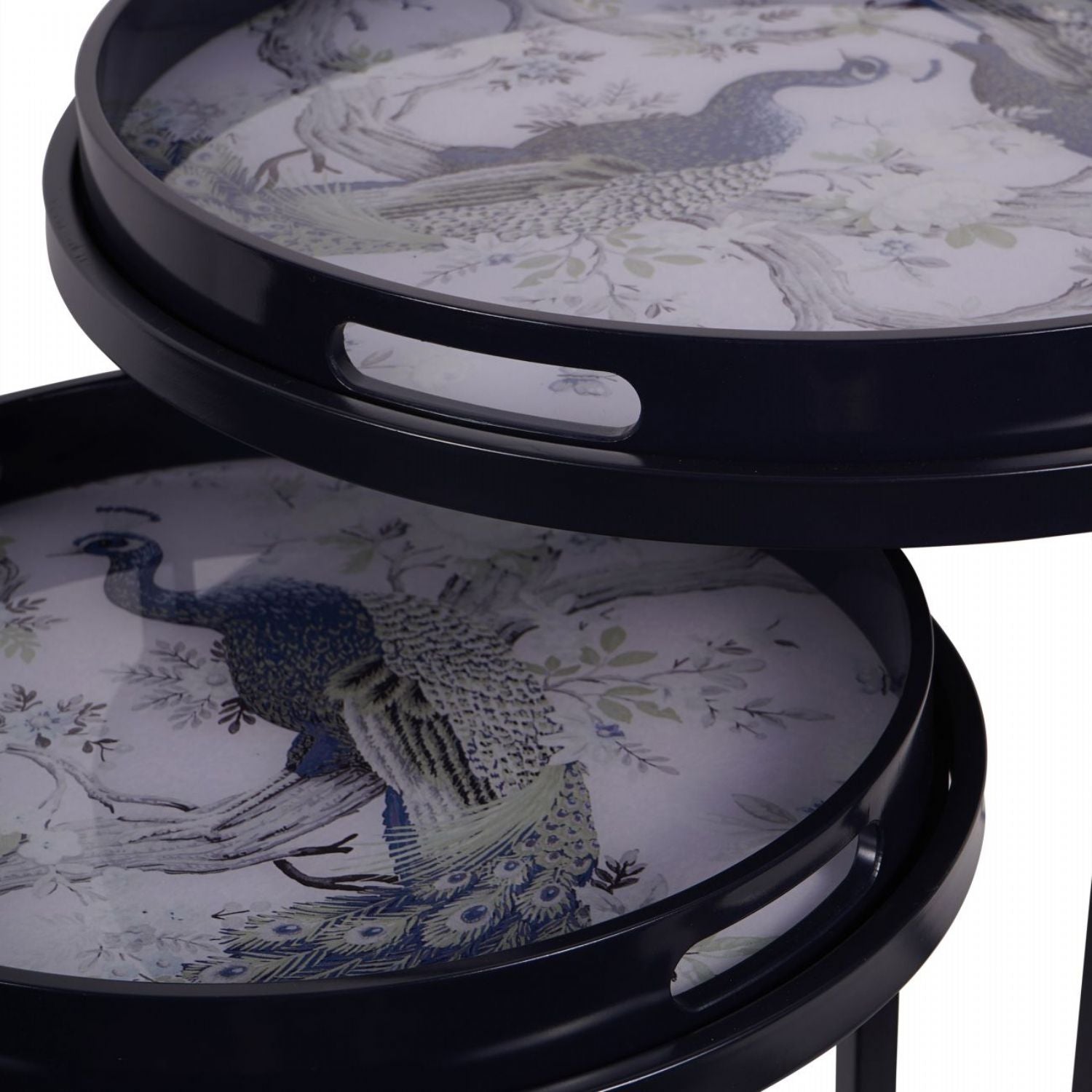 Set of 2 Peacock Print Blue Metal Round Nesting Side Tables - Home Furniture Interiors