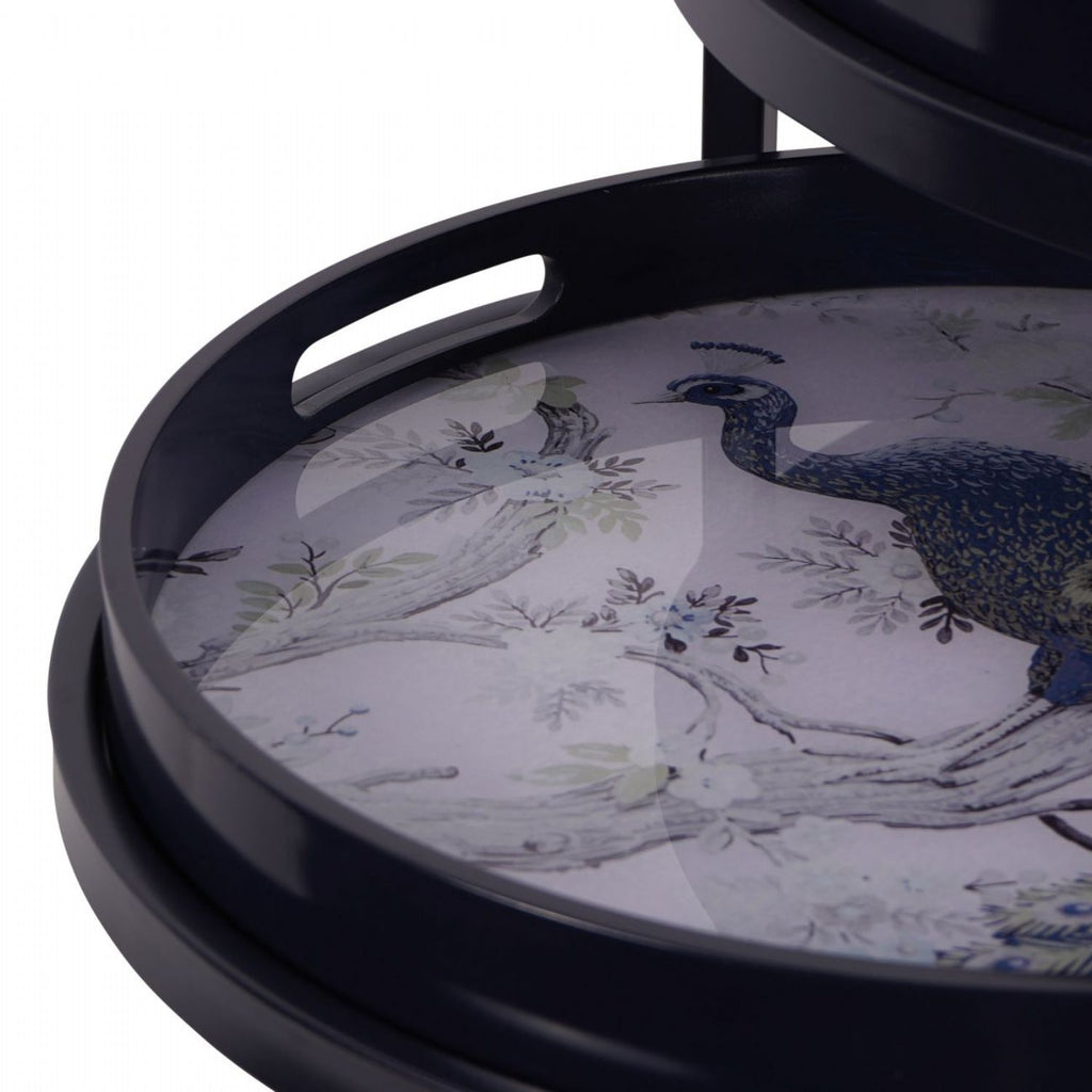 Set of 2 Peacock Print Blue Metal Round Nesting Side Tables - Home Furniture Interiors