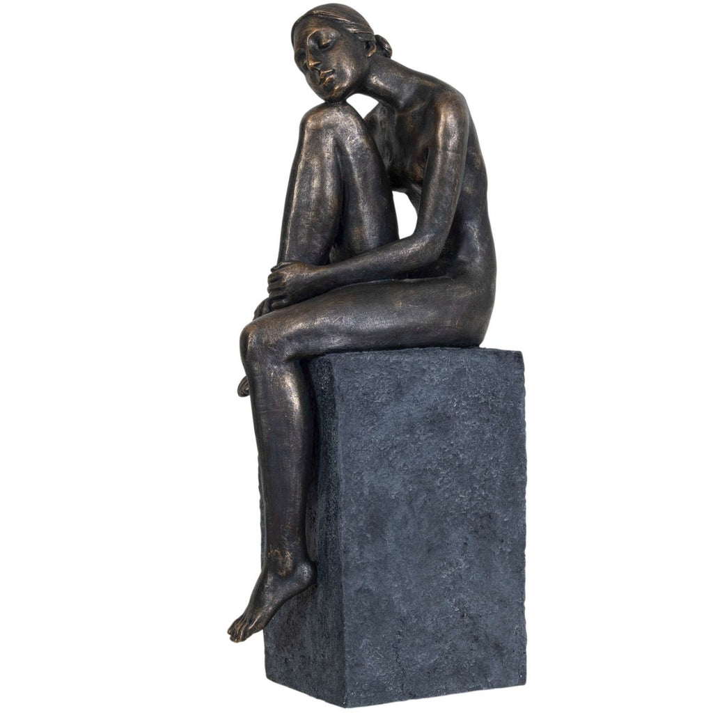 Bronze Resin Thinking Lady Sitting Sculpture - Home Furniture Interiors
