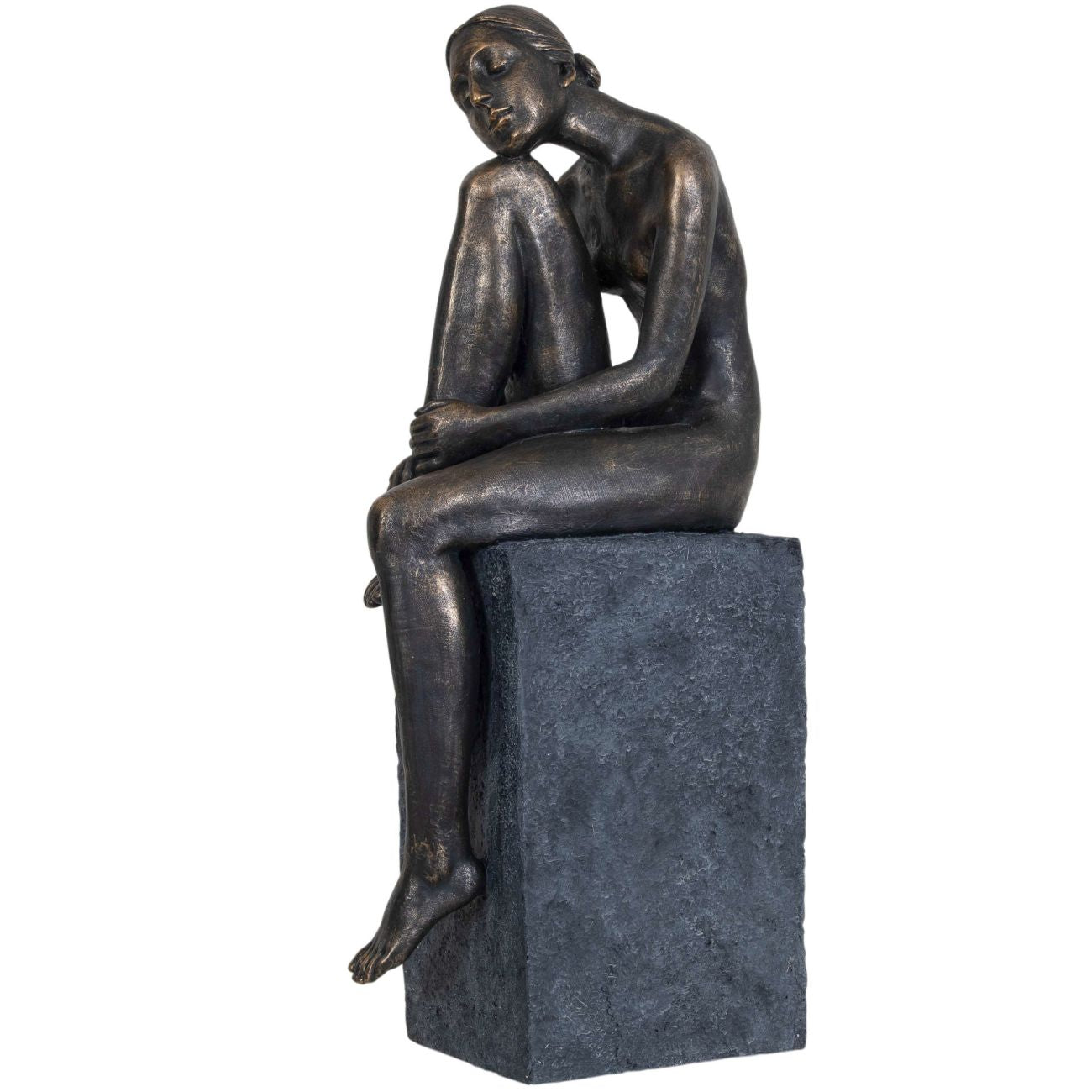 Bronze Resin Thinking Lady Sitting Sculpture - Home Furniture Interiors
