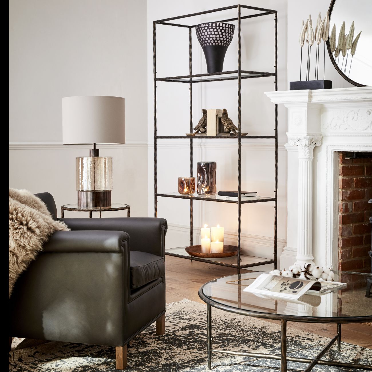 Dark Bronze Metal Open Shelving Unit with Five Glass Shelves