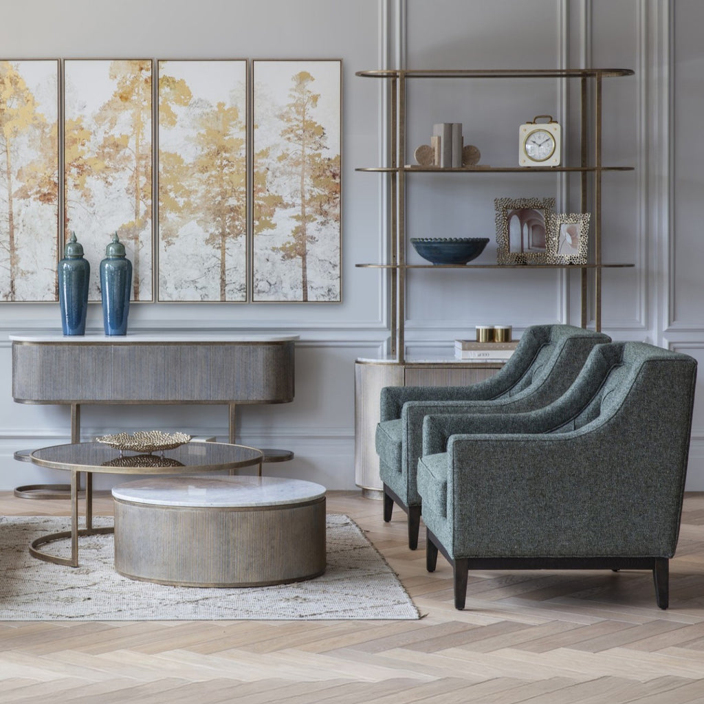 Gold Aged Marble Top Display Shelving Unit Glass Shelves