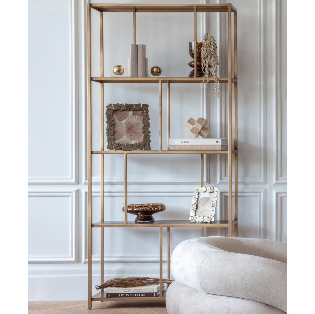 Gold Brushed Champagne Metal Open Shelving Unit with Geometric Frame