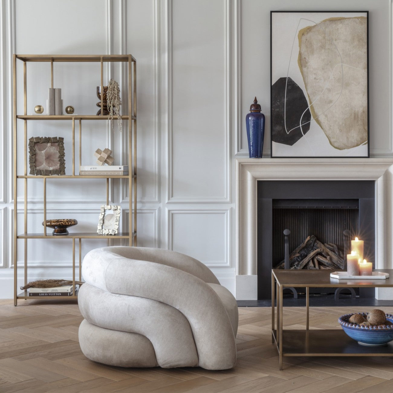 Gold Brushed Champagne Metal Open Shelving Unit with Geometric Frame