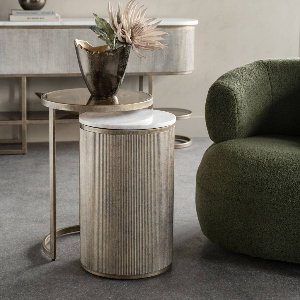 Aged Gold Round Glass and Marble Nest of 2 Side Tables