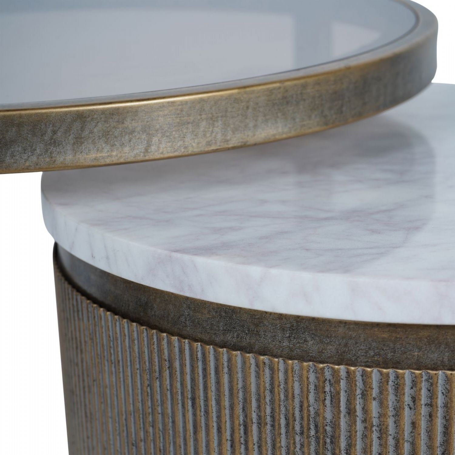 Aged Gold Round Glass and Marble Nest of 2 Side Tables