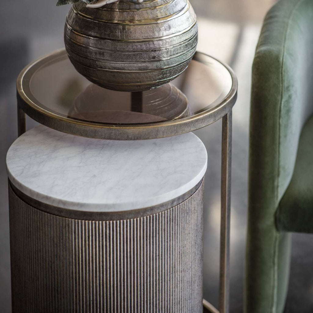 Aged Gold Round Glass and Marble Nest of 2 Side Tables