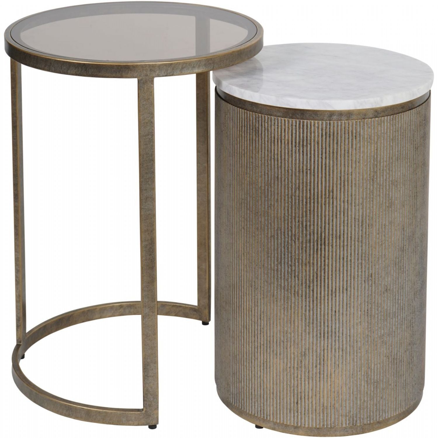 Aged Gold Round Glass and Marble Nest of 2 Side Tables