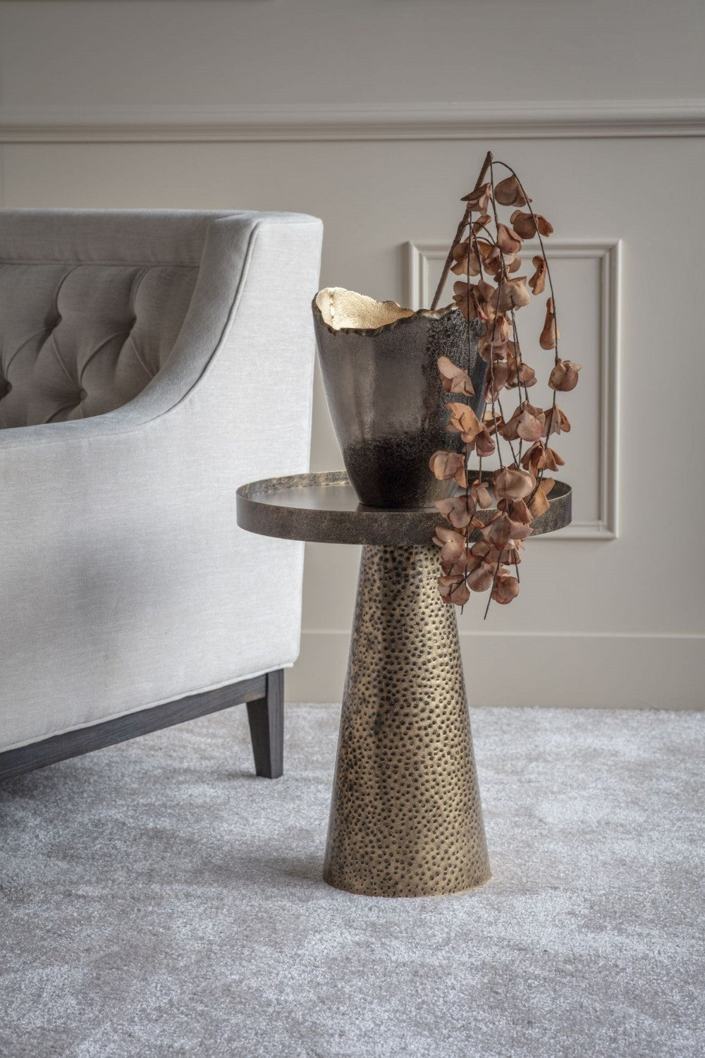 Antique Gold Hammered Iron Metal Rustic Round Side Table