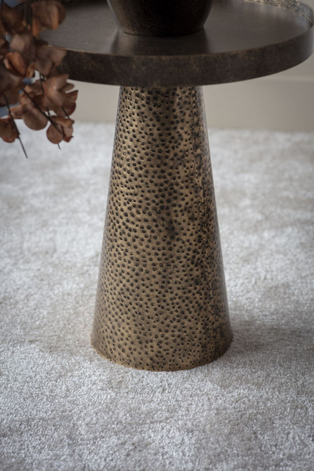 Antique Gold Hammered Iron Metal Rustic Round Side Table