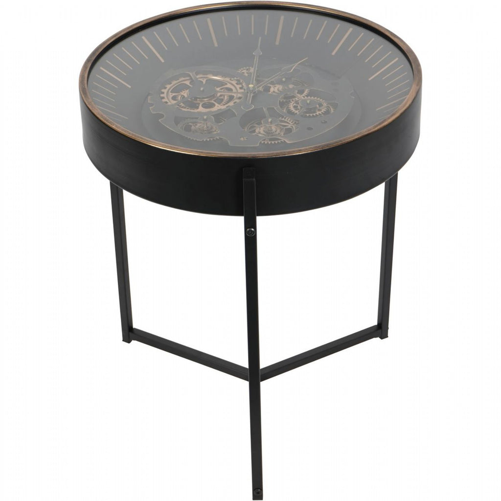 Black Metal Round Framed Clock Top Side Table - Home Furniture Interiors