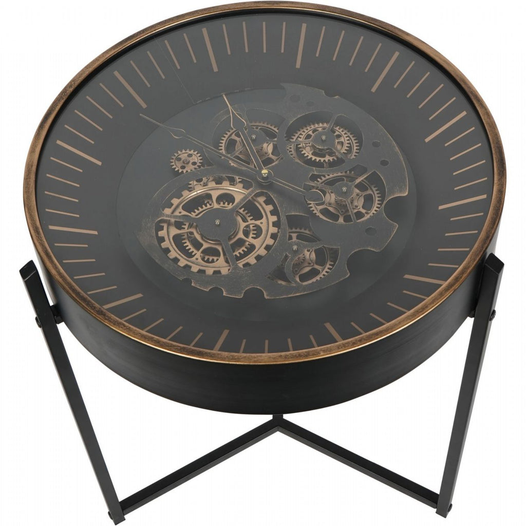 Black Metal Round Framed Clock Top Side Table - Home Furniture Interiors