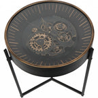 Black Metal Round Framed Clock Top Side Table - Home Furniture Interiors