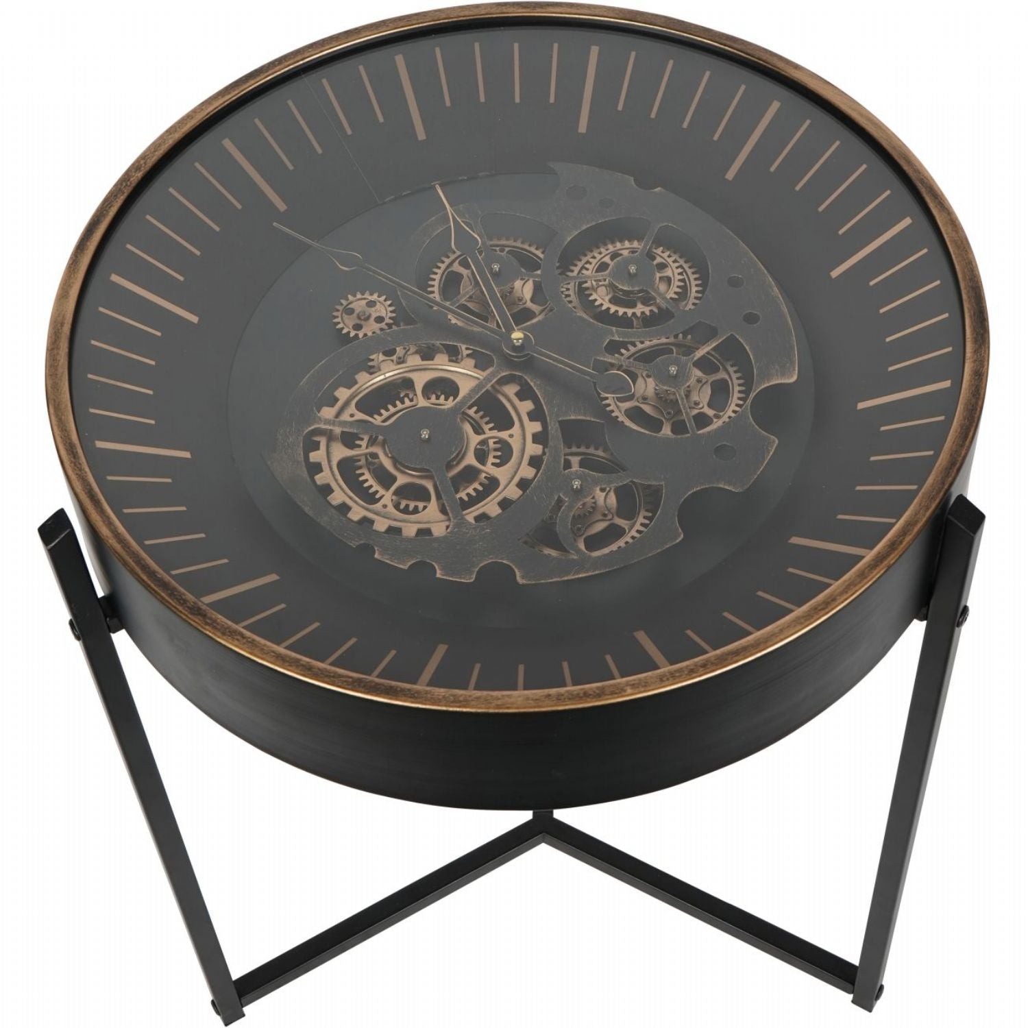 Black Metal Round Framed Clock Top Side Table - Home Furniture Interiors