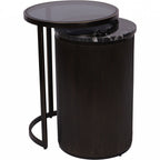Black Set of 2 Metal Nesting Side Tables Marble Glass Tops