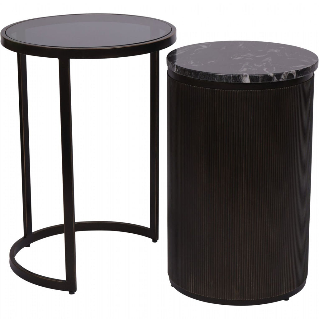 Black Set of 2 Metal Nesting Side Tables Marble Glass Tops - Home Furniture Interiors