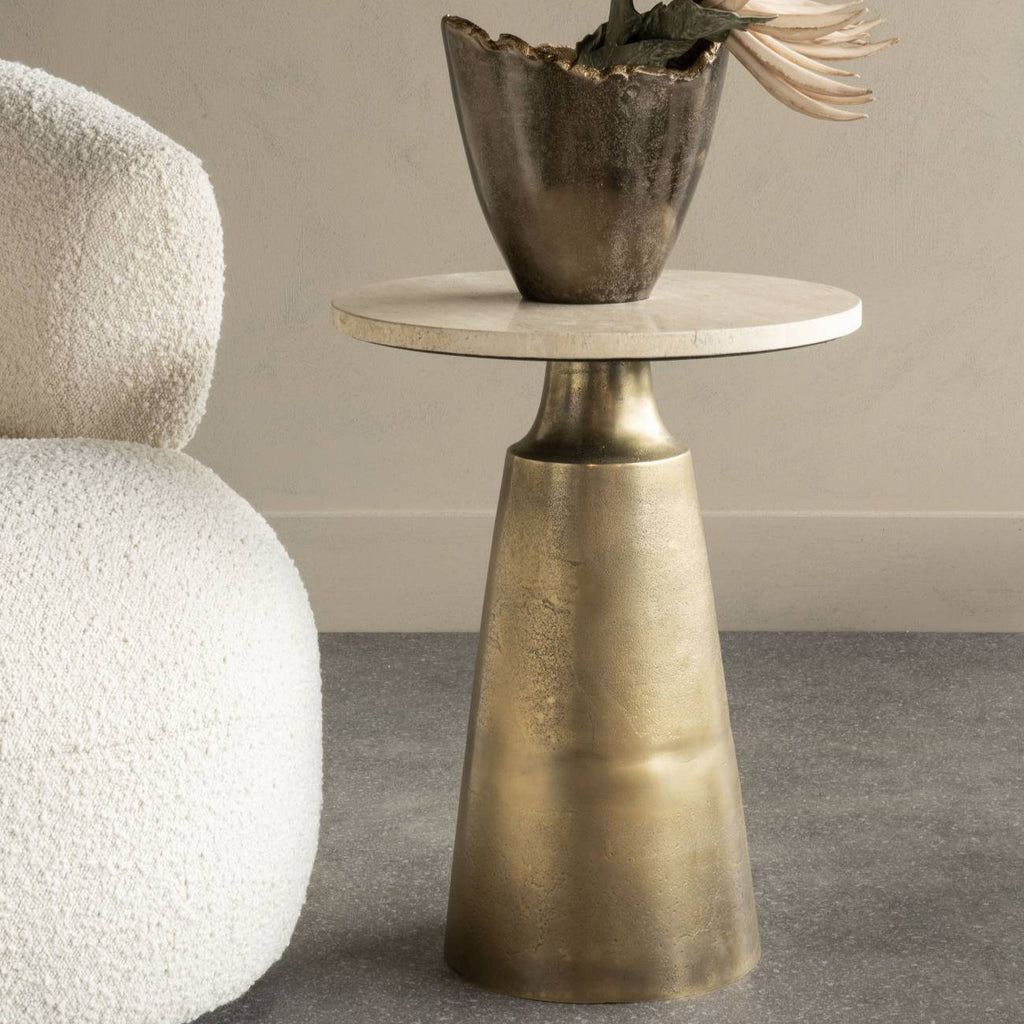 Light Travertine Round Side Table Antique Brass Effect Base