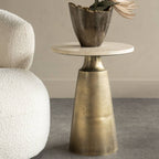Light Travertine Round Side Table Antique Brass Effect Base