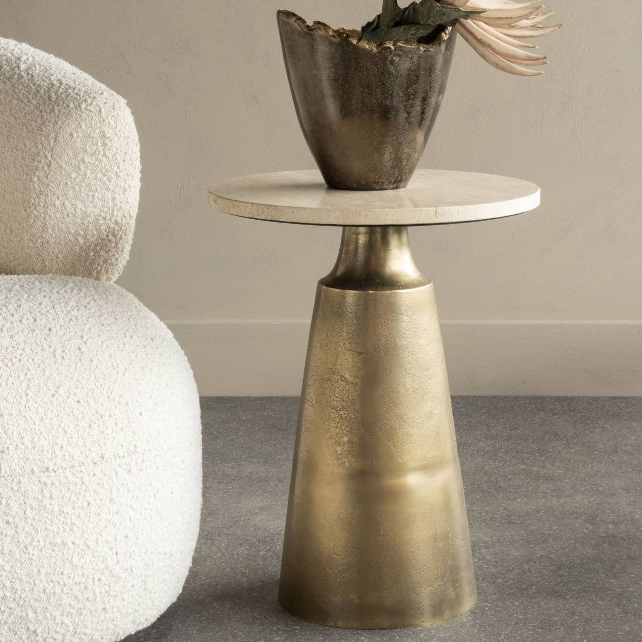 Light Travertine Round Side Table Antique Brass Effect Base