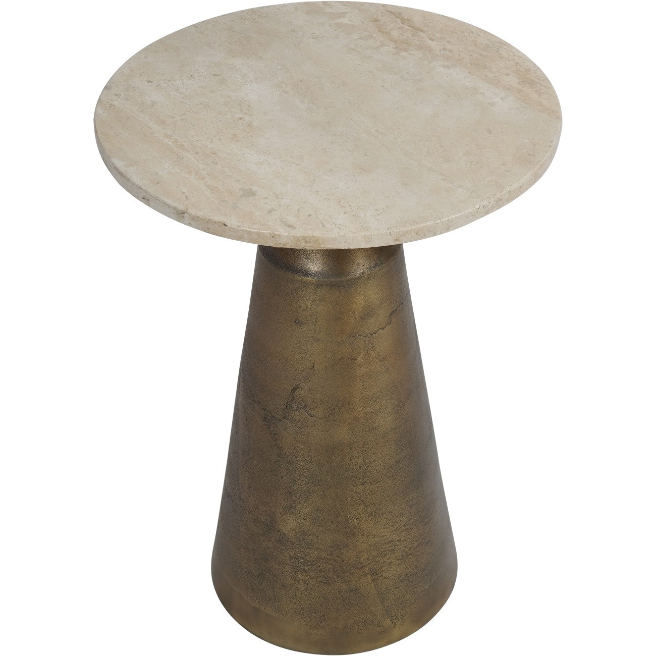 Light Travertine Round Side Table Antique Brass Effect Base - Home Furniture Interiors