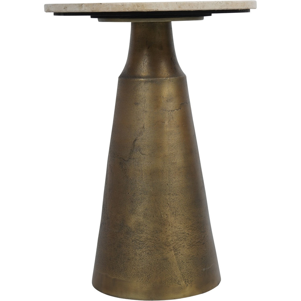 Light Travertine Round Side Table Antique Brass Effect Base - Home Furniture Interiors