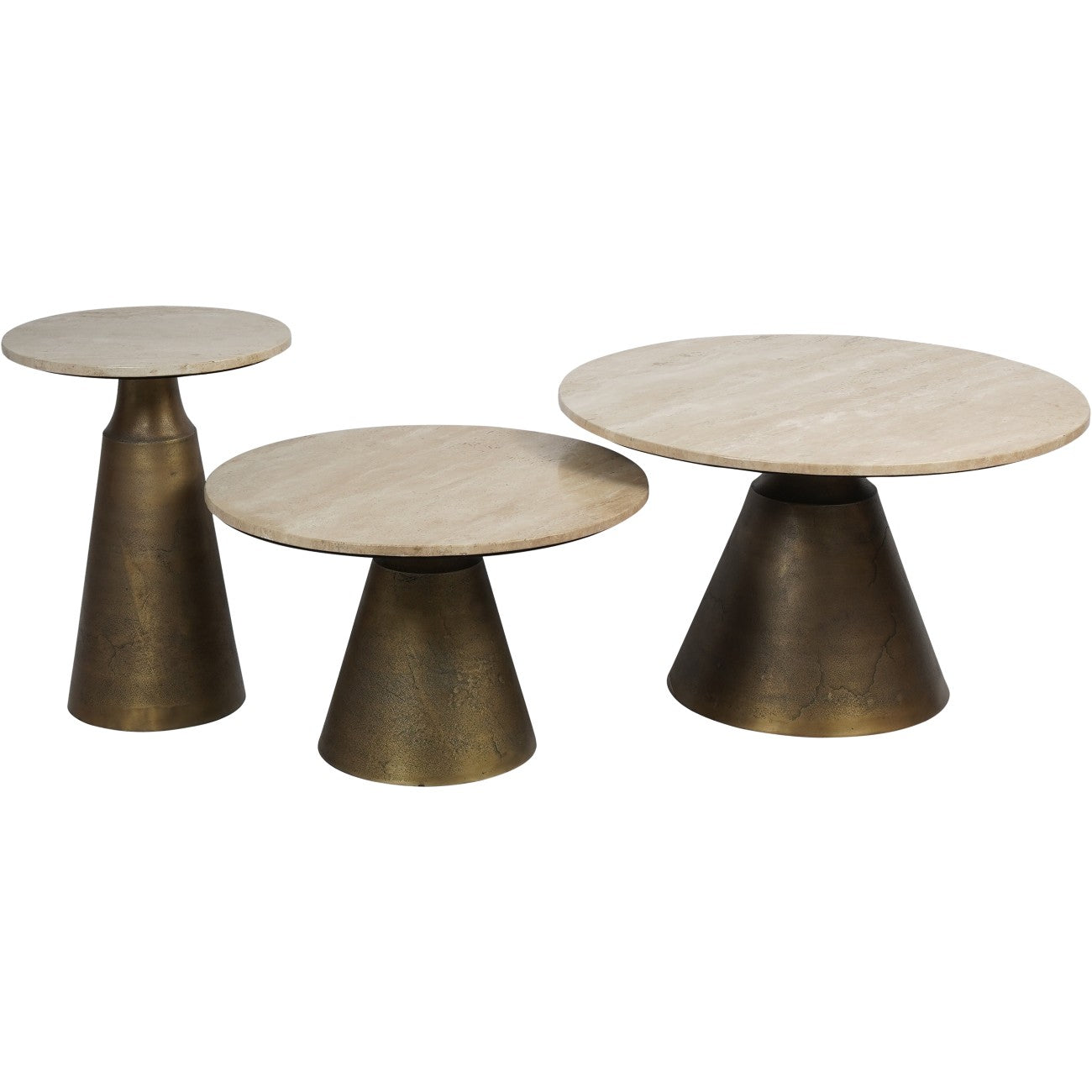 Light Travertine Round Side Table Antique Brass Effect Base - Home Furniture Interiors