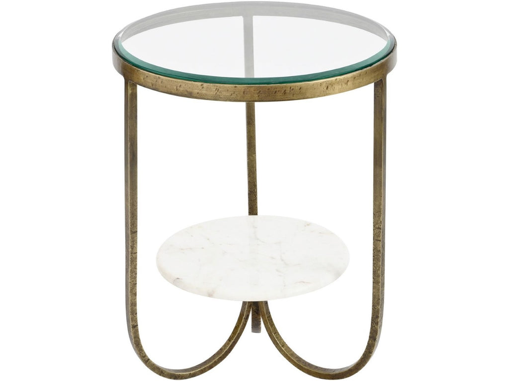 White Marble and Antique Gold Side Table with Glass Top and Floating Shelf