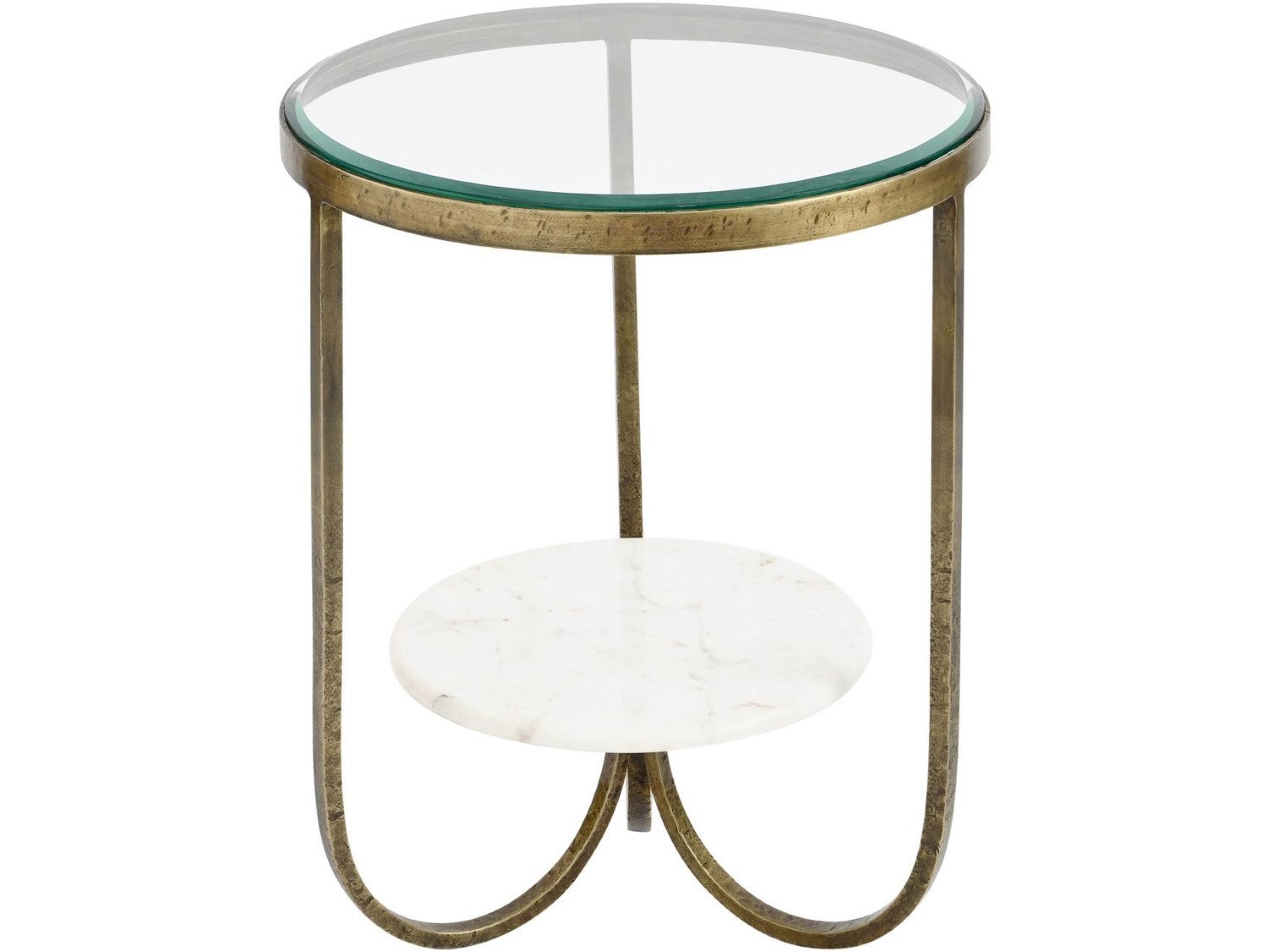 White Marble and Antique Gold Side Table with Glass Top and Floating Shelf