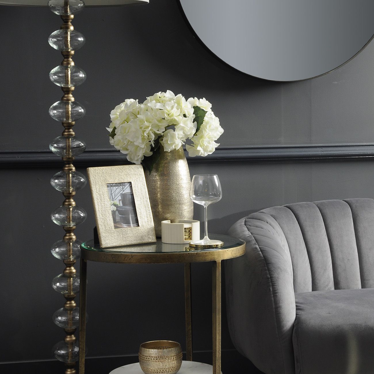 White Marble and Antique Gold Side Table with Glass Top and Floating Shelf - Home Furniture Interiors