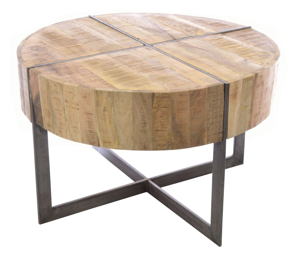 Natural Mango Wood Trunk Top Round Coffee Table with Black Metal Legs