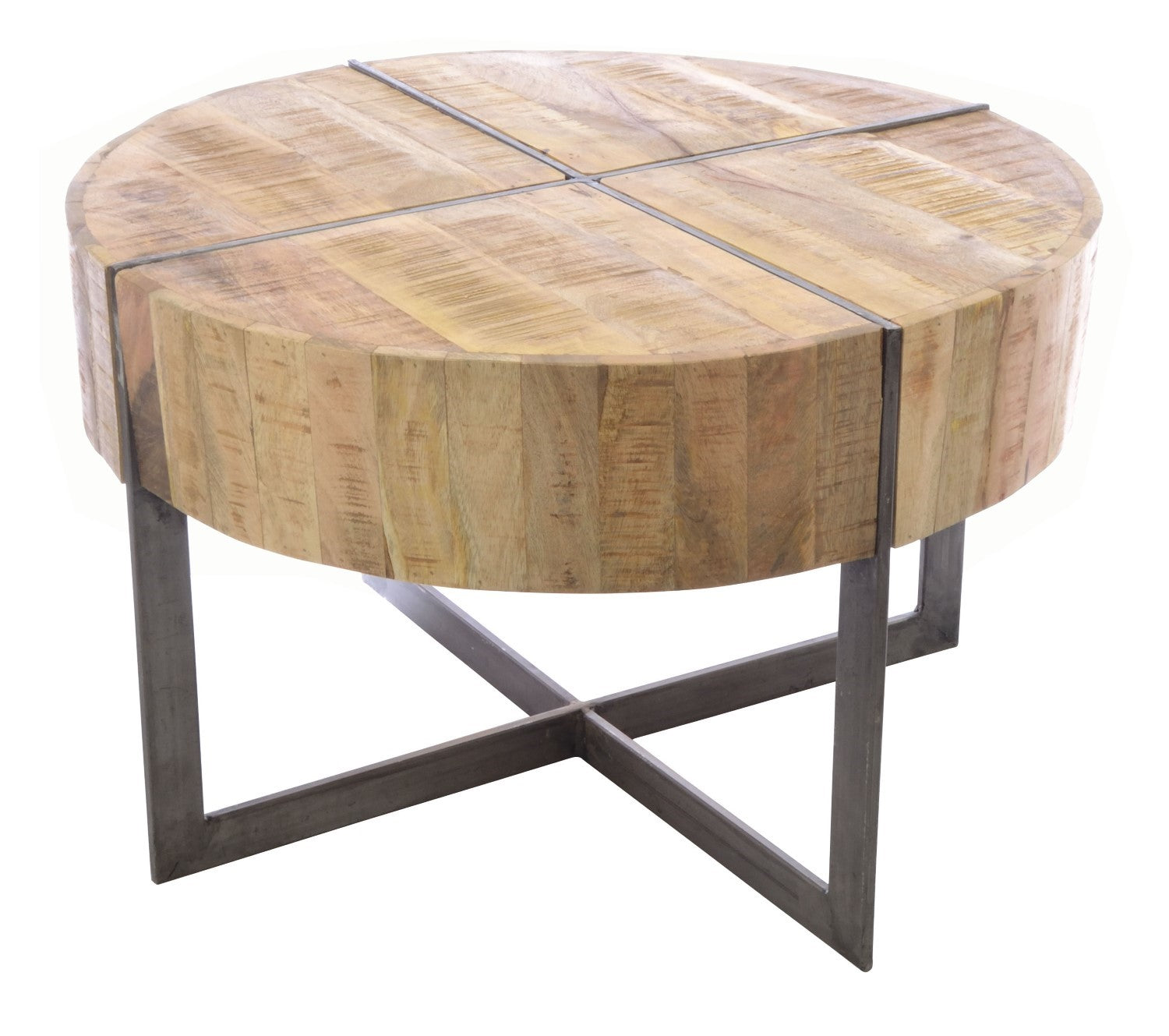 Natural Mango Wood Trunk Top Round Coffee Table with Black Metal Legs