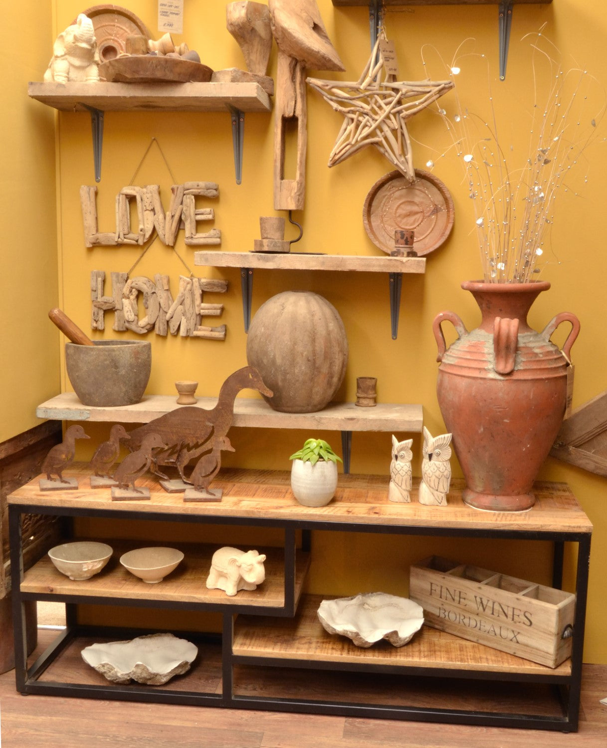 Industrial Brown Mango Wood Metal Media Unit with Open Shelves