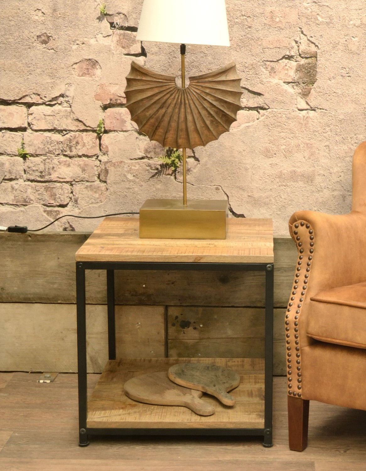 Industrial Style Natural Mango Wood Square Side Lamp Table