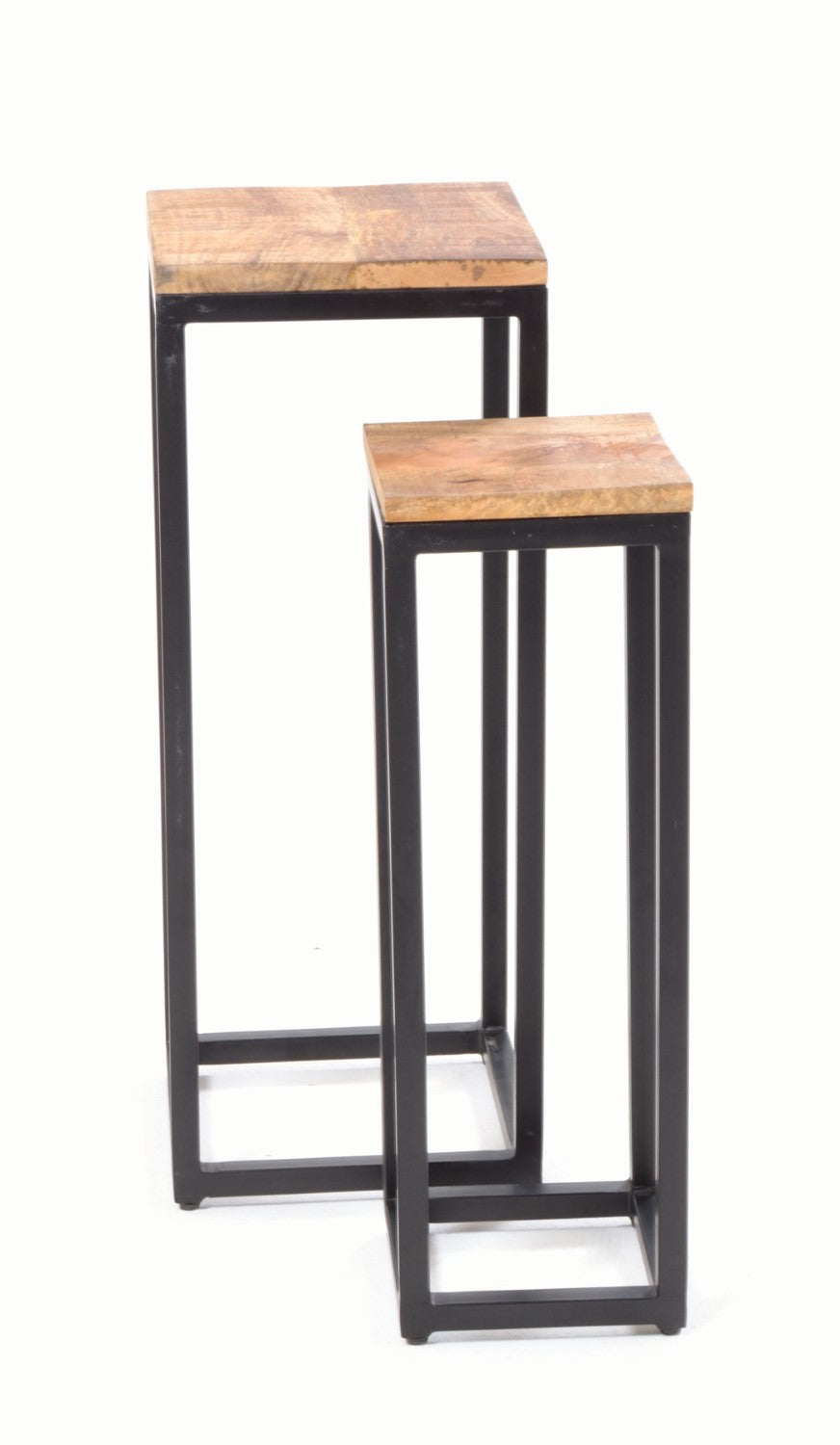 Modern Tall Mango Wood Top Metal Frame Nest of 2 Tables