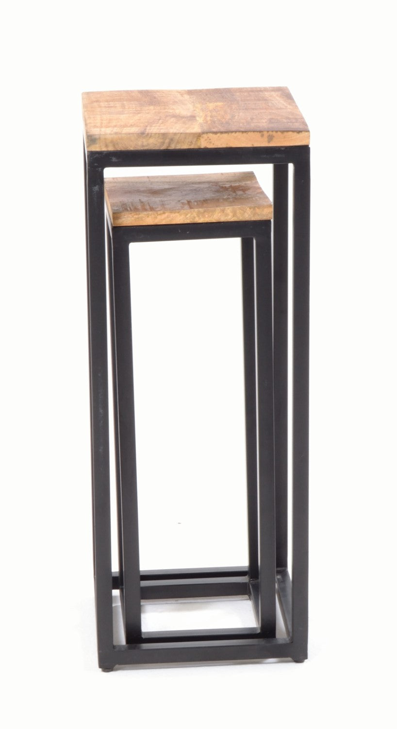 Modern Tall Mango Wood Top Metal Frame Nest of 2 Tables