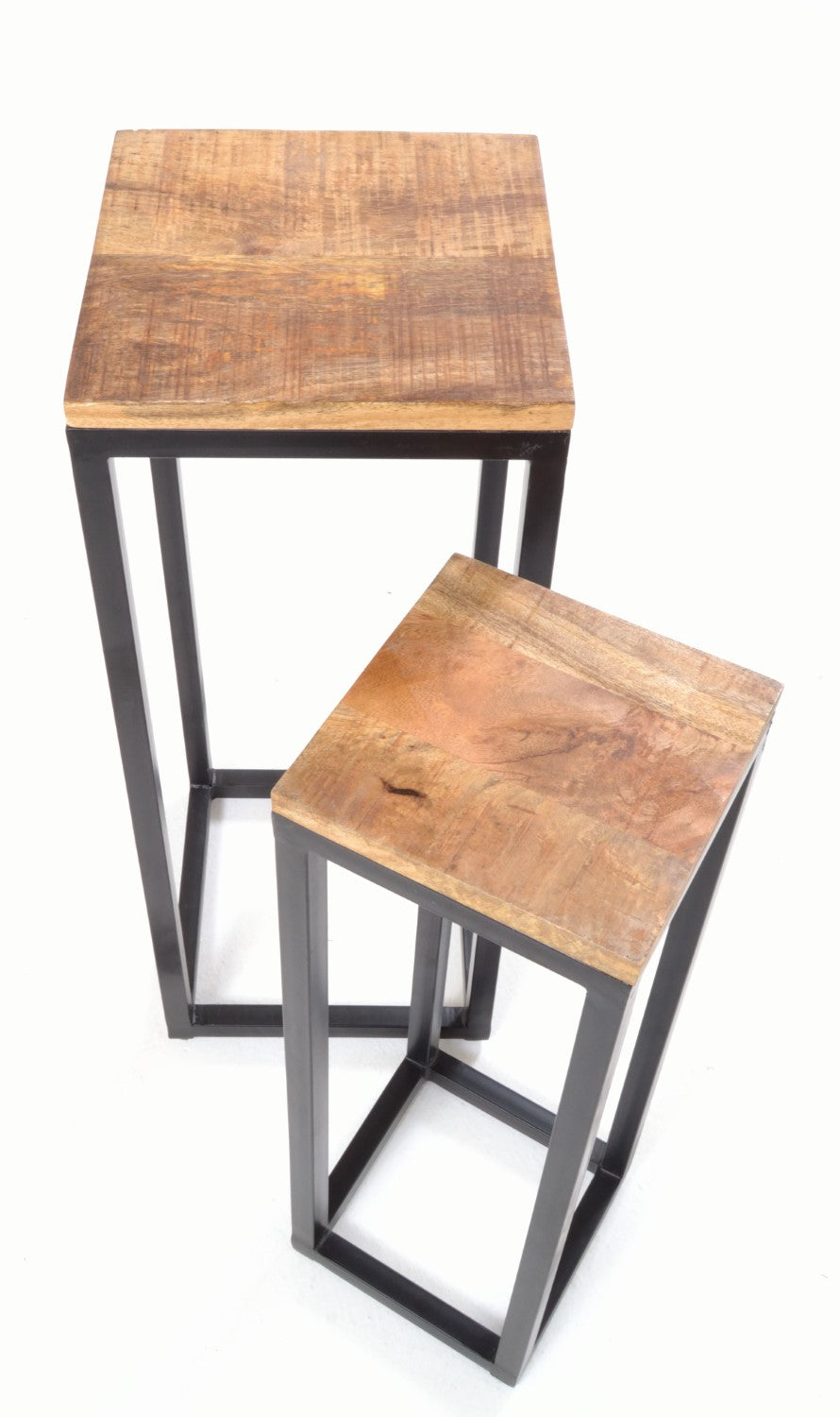 Modern Tall Mango Wood Top Metal Frame Nest of 2 Tables