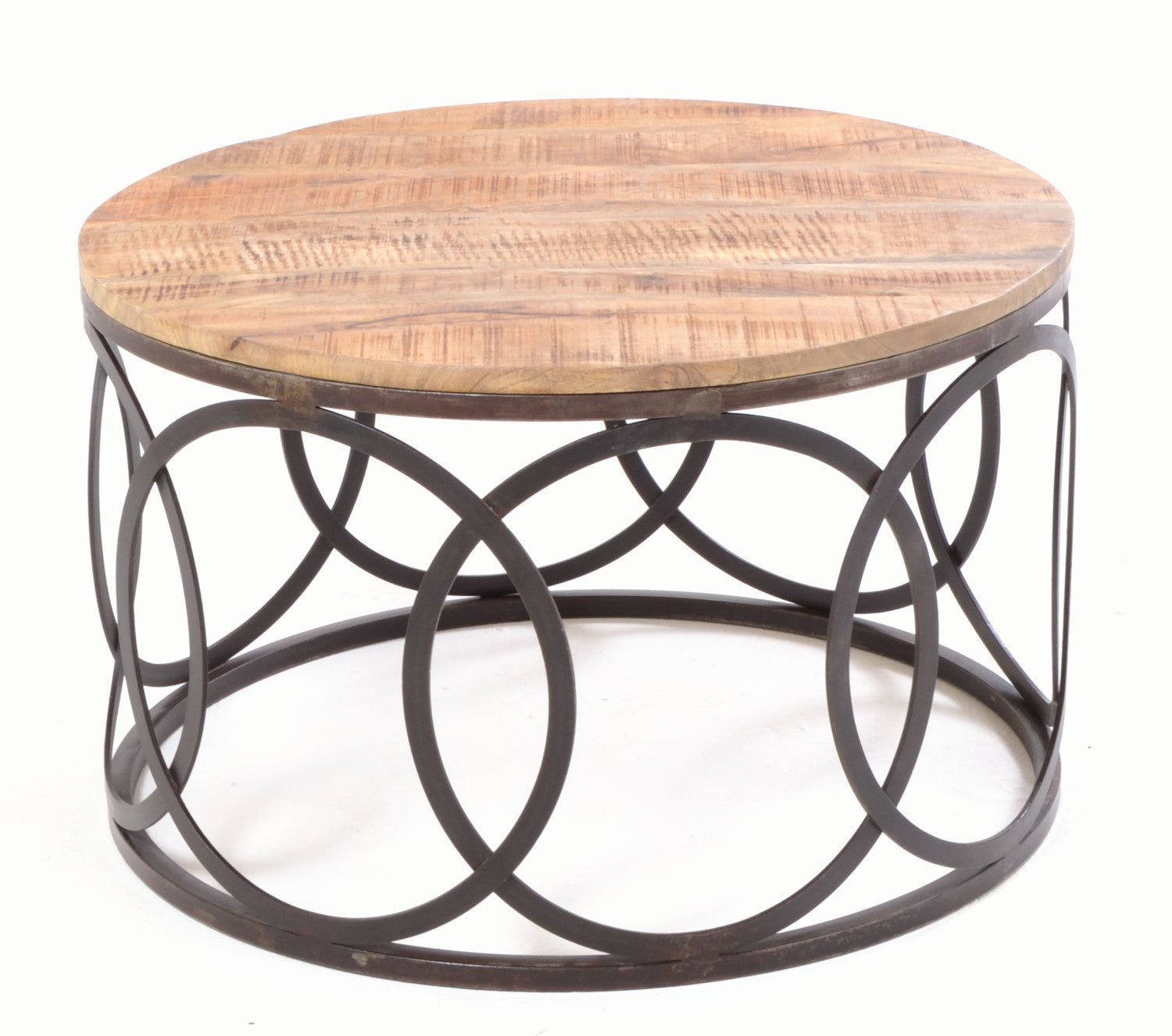 Solid Mango Wood Round Coffee Table Metal Circles Frame