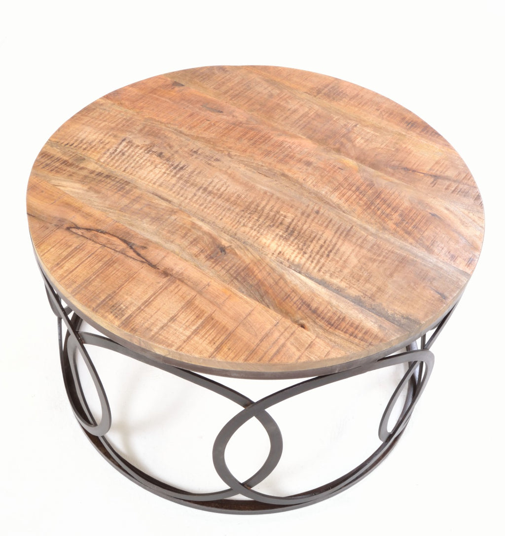 Solid Mango Wood Round Coffee Table Metal Circles Frame